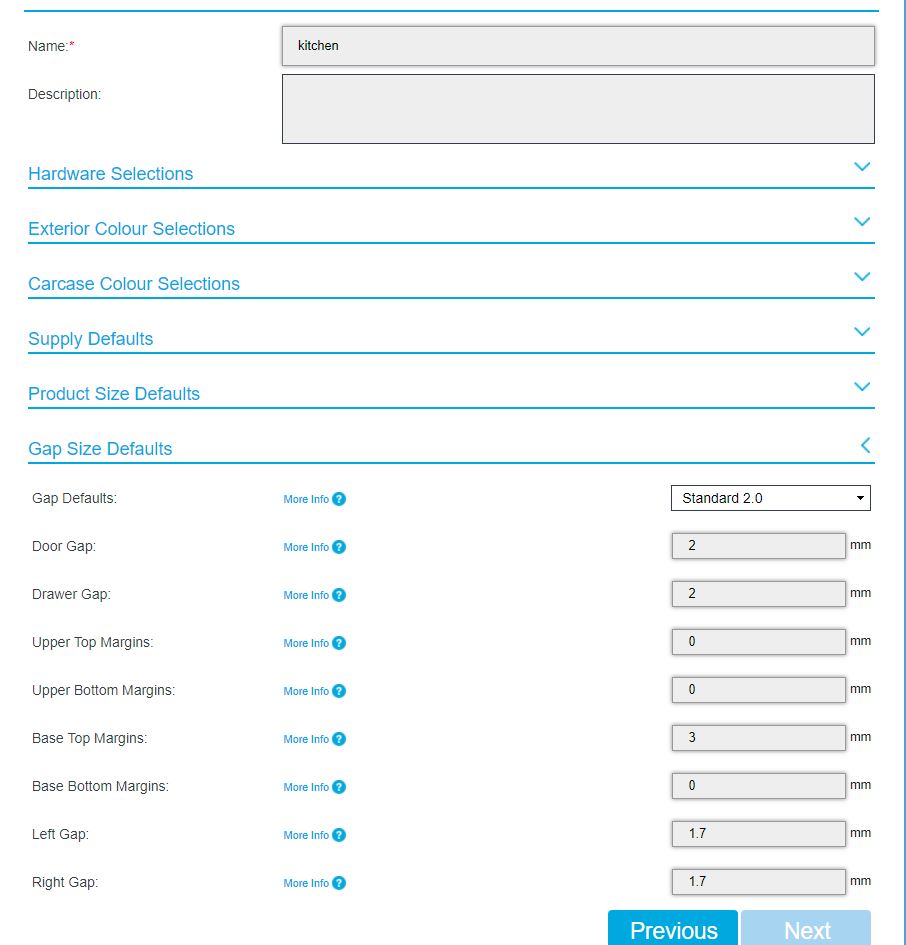 Room specifications menu