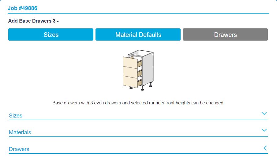 drawer specifications with size and materials