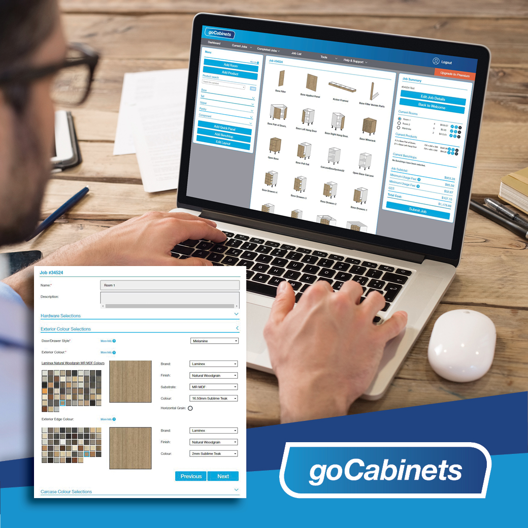 Man using laptop, gocabinets interface, Exterior colours