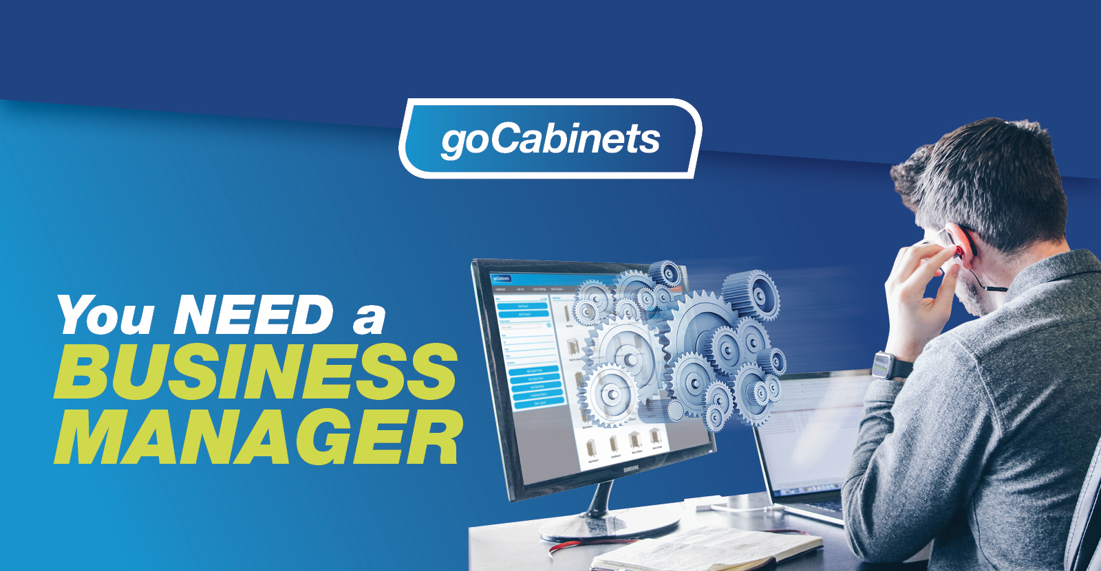 goCabinets logo, man at desktop with text